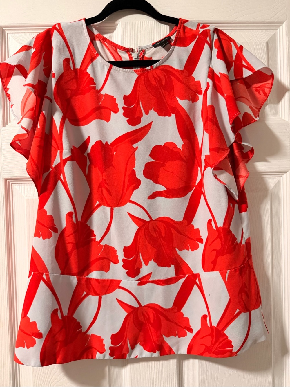 Ann Taylor White Top with Bold Red Floral Print